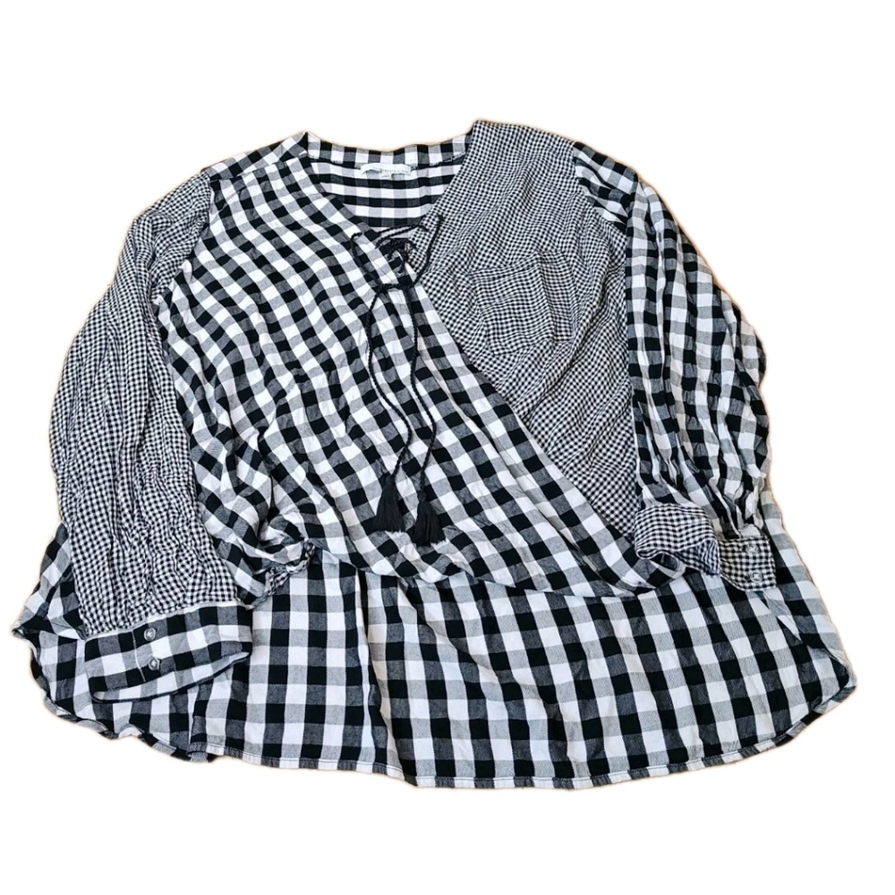 Fourteen Place Tasseled Tie Wrap Shirt Woman XL Black Patchwork Plaid Preppy New - Picture 12 of 13